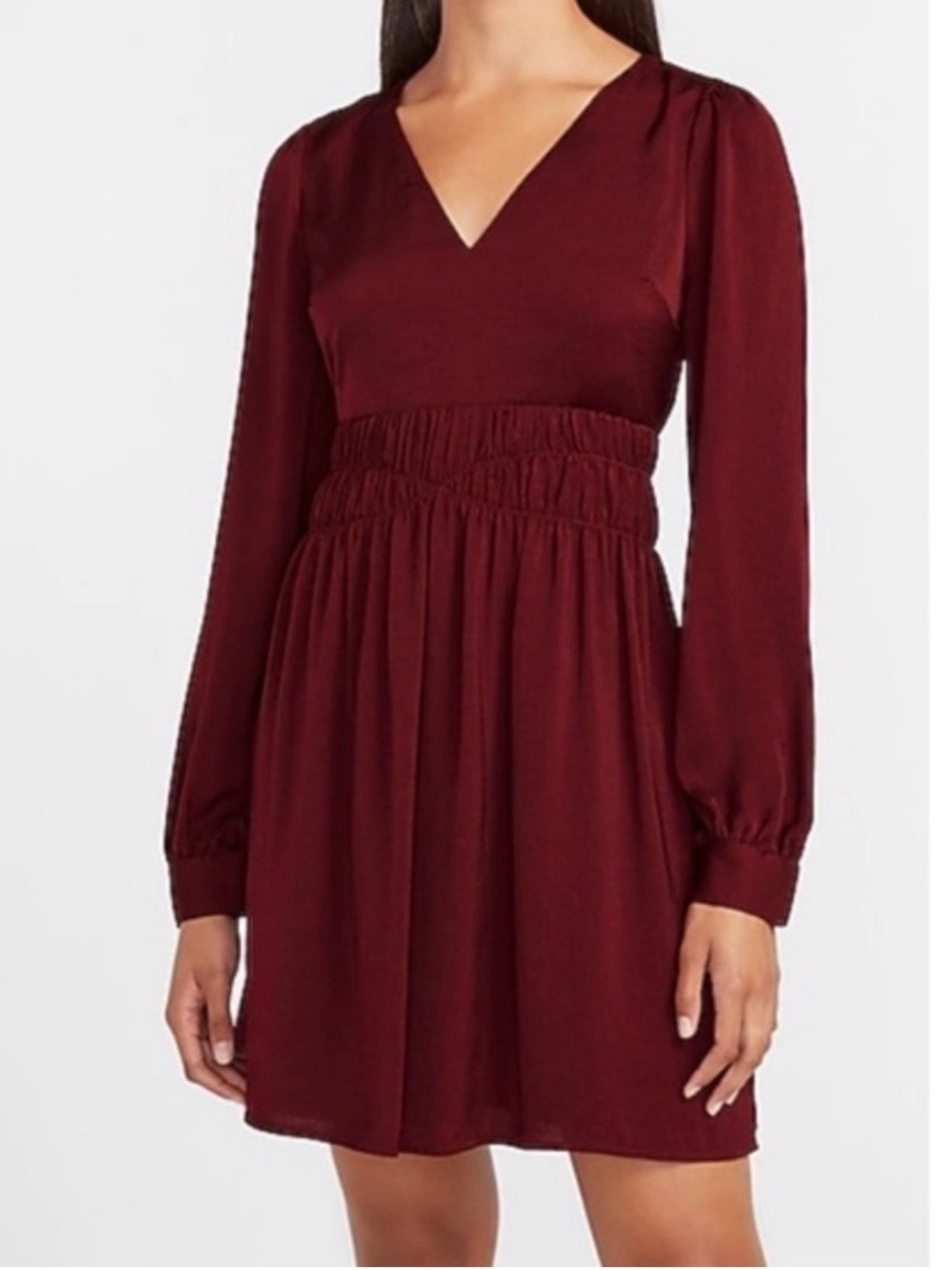 Express Long Sleeve V-Neck Smocked Waist Dress in Burgundy